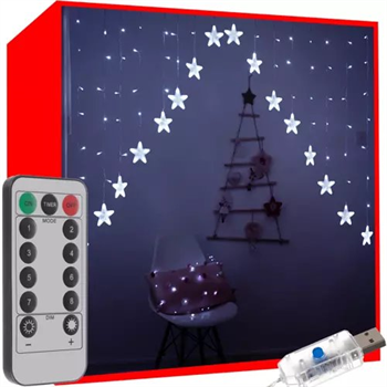Vánoční světelný závěs hvězdy 136 LED, 1,2 W studená bílá 5,35 m, IP44, USB