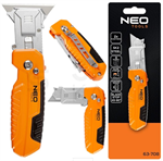 Zatvárací nôž Neo Tools 63-708 s vymeniteľnou trapézovou čepeľou a škrabkou
